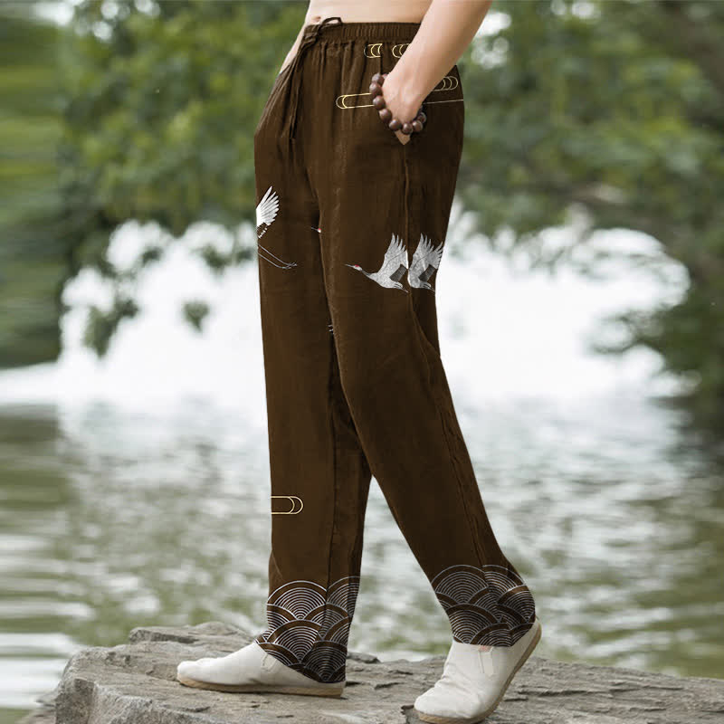 Buddha Stones Cotton White Crane Wave Pattern Men's Tapered Pants With Pockets - image 7