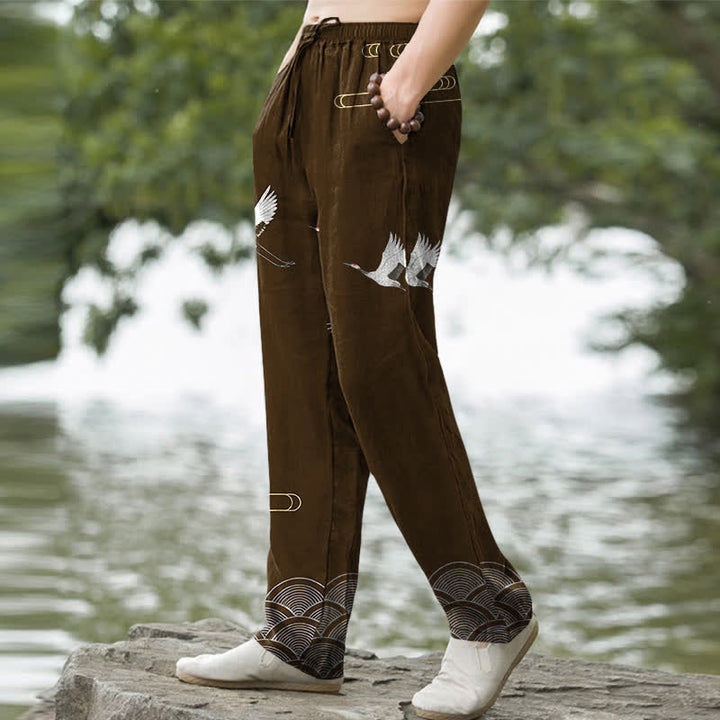 Buddha Stones Cotton White Crane Wave Pattern Men's Tapered Pants With Pockets - image 7