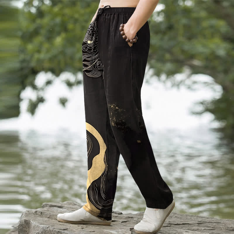 Buddha Stones Cotton Golden Dragon Wave Pattern Men's Tapered Pants With Pockets - image 1