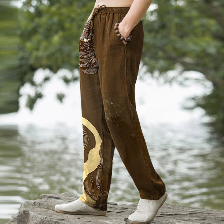 Buddha Stones Cotton Golden Dragon Wave Pattern Men's Tapered Pants With Pockets - image 7