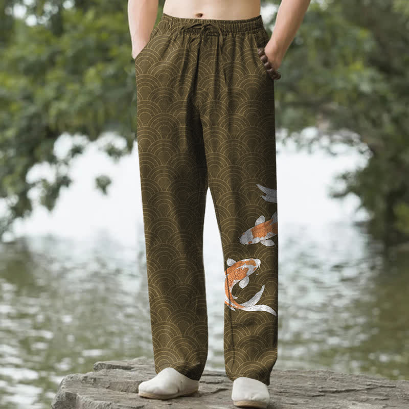 Buddha Stones Cotton Koi Fish Wave Pattern Men's Tapered Pants With Pockets - Olive - US/UK/AU50，EU60 (5XL) - image 4