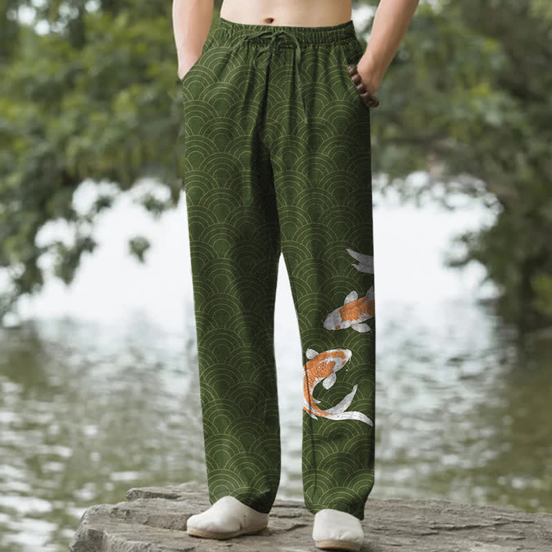 Buddha Stones Cotton Koi Fish Wave Pattern Men's Tapered Pants With Pockets - ForestGreen - US/UK/AU50，EU60 (5XL) - image 6