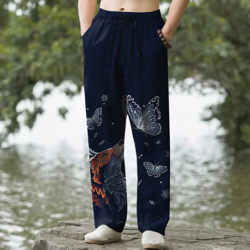 Buddha Stones Cotton Butterfly Fox Pattern Men's Tapered Pants With Pockets - Navy - US/UK/AU50，EU60 (5XL) - image 4