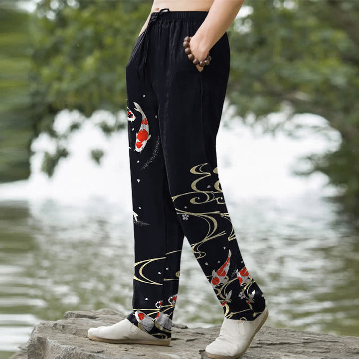 Buddha Stones Cotton Red White Koi Fish Water Ripple Pattern Men's Tapered Pants With Pockets - image 5
