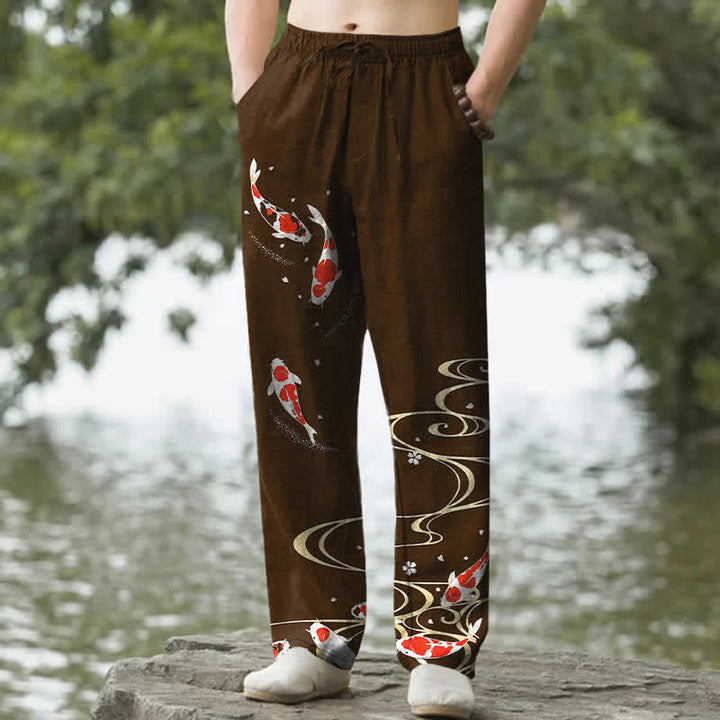 Buddha Stones Cotton Red White Koi Fish Water Ripple Pattern Men's Tapered Pants With Pockets - SaddleBrown - US/UK/AU50，EU60 (5XL) - image 6