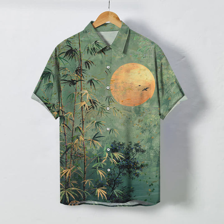 Buddha Stones Bamboo Moon Birds Pattern Buttons Breathable Men's Short Sleeve Shirt - SeaGreen - US/UK/AU48，EU58 (4XL) - image 0
