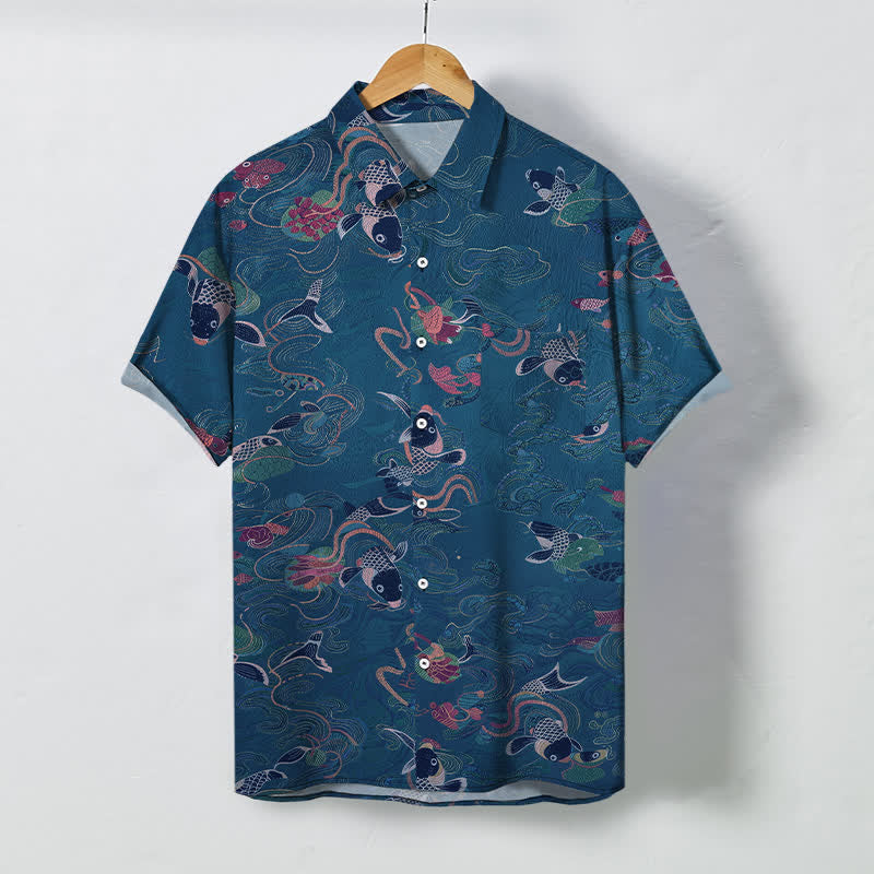 Buddha Stones Koi Fish Wave Clouds Pattern Buttons Breathable Men's Short Sleeve Shirt - SteelBlue - US/UK/AU48，EU58 (4XL) - image 5