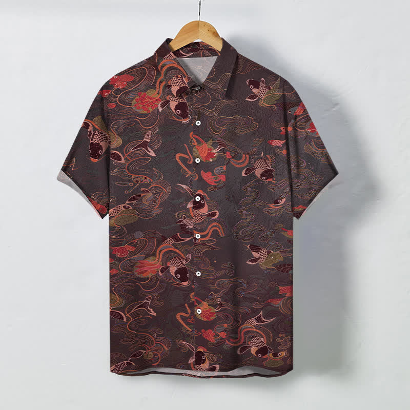 Buddha Stones Koi Fish Wave Clouds Pattern Buttons Breathable Men's Short Sleeve Shirt - Maroon - US/UK/AU48，EU58 (4XL) - image 7