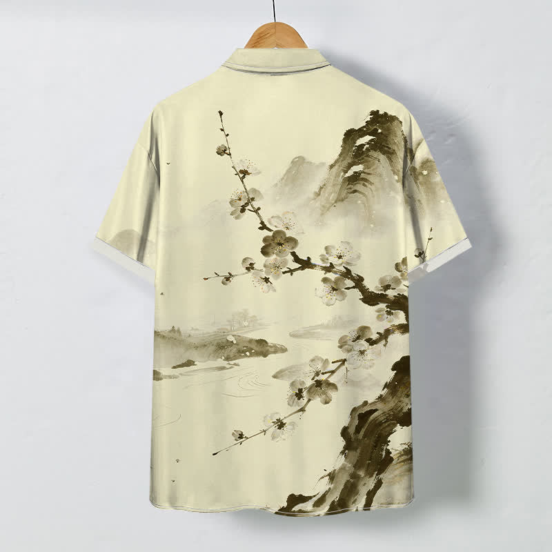 Buddha Stones Ink Landscape Plum Blossom Pattern Buttons Wrinkle-resistant Men's Short Sleeve Shirt - image 4