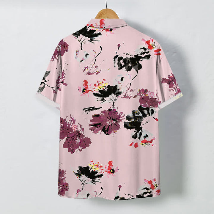 Buddha Stones Watercolor Floral Pattern Buttons Breathable Men's Short Sleeve Shirt - image 6