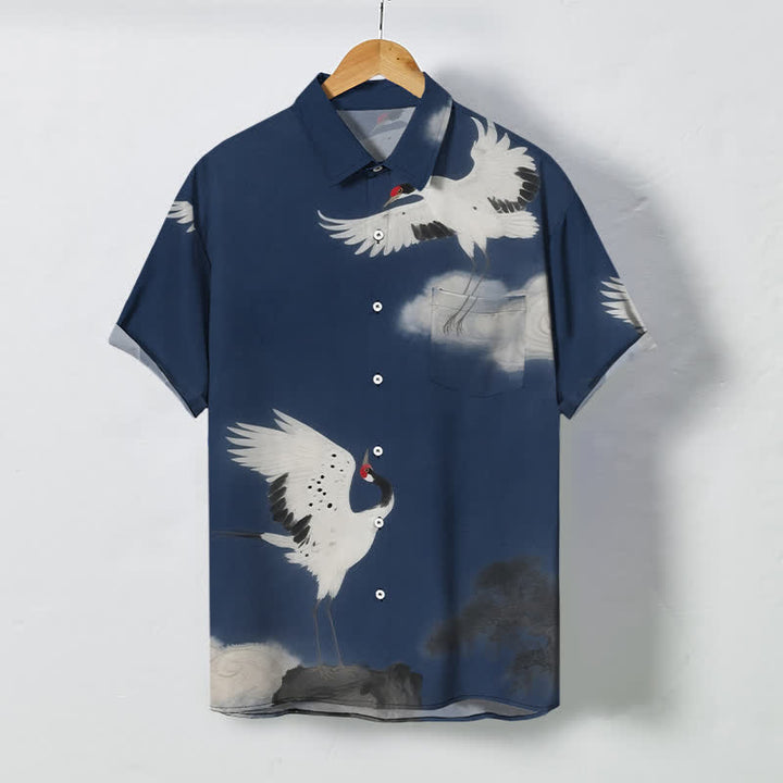 Buddha Stones Flying White Crane Cloud Pattern Buttons Wrinkle-resistant Men's Short Sleeve Shirt - Navy - US/UK/AU48，EU58 (4XL) - image 0