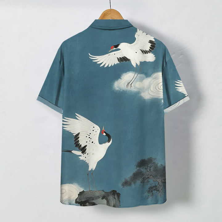 Buddha Stones Flying White Crane Cloud Pattern Buttons Wrinkle-resistant Men's Short Sleeve Shirt - image 8