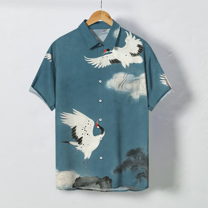 Buddha Stones Flying White Crane Cloud Pattern Buttons Wrinkle-resistant Men's Short Sleeve Shirt - CadetBlue - US/UK/AU48，EU58 (4XL) - image 7