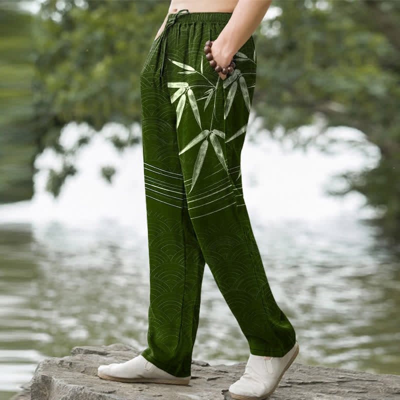 Buddha Stones Cotton Bamboo Leaf Pattern Men's Tapered Pants With Pockets - image 1