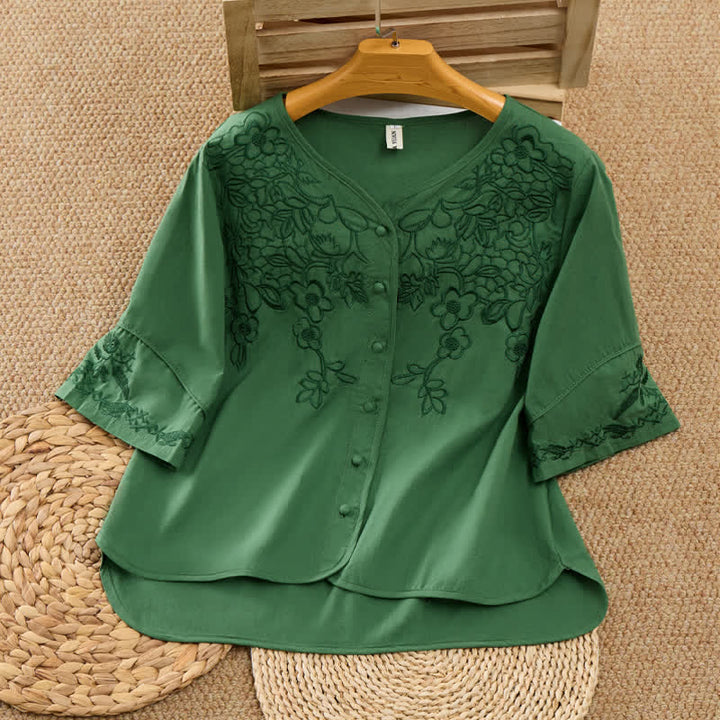 Buddha Stones Summer Vintage Embroidery V-Neck Button-Up Floral Women's Elbow-Length Sleeve Shirts - ForestGreen - US8-10，UK/AU12-14，EU40-42 (2XL) - image 0