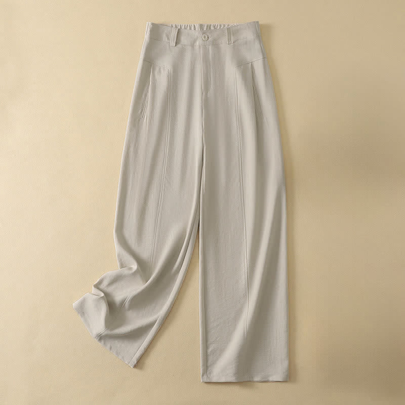 Buddha Stones Spring Summer Minimalist Elegant Button Zipper Design Solid Cotton Long Pants Women's Straight Leg Pants With Pocket - Beige - US12, UK/AU16, EU44 (2XL) - image 8