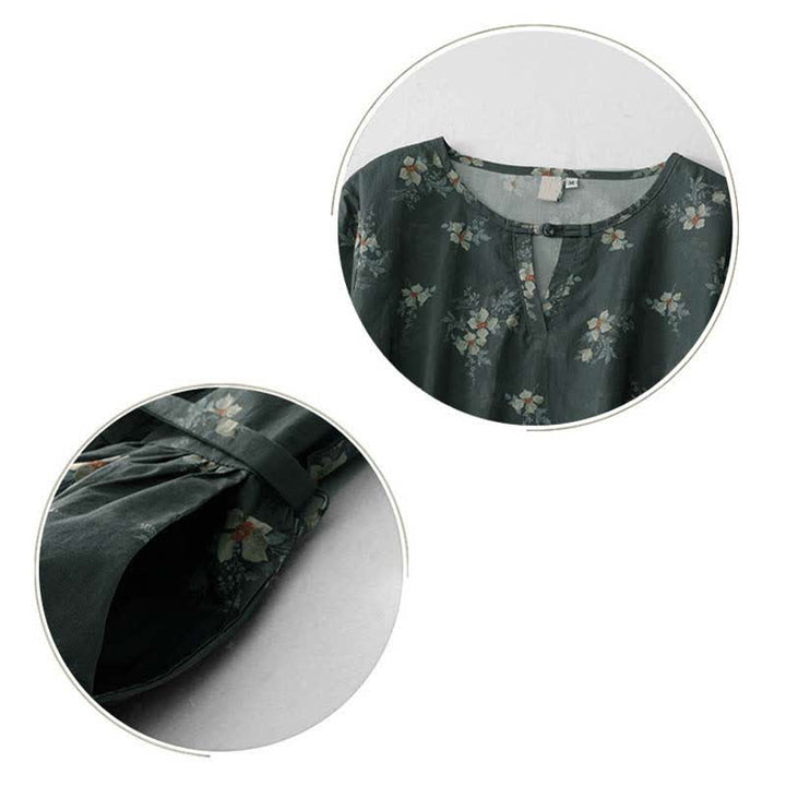 Buddha Stones Summer Vintage Drawstring Gray Floral Women's Short Sleeve Dresses With Pocket - image 13