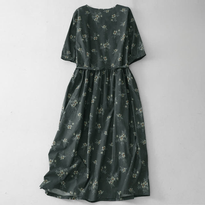 Buddha Stones Summer Vintage Drawstring Gray Floral Women's Short Sleeve Dresses With Pocket - image 1