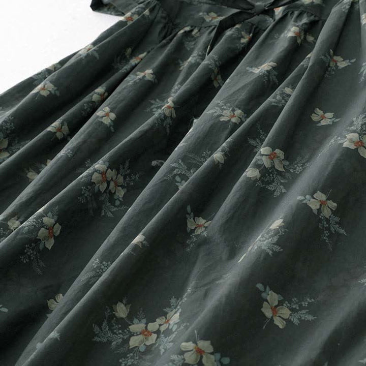 Buddha Stones Summer Vintage Drawstring Gray Floral Women's Short Sleeve Dresses With Pocket - image 8
