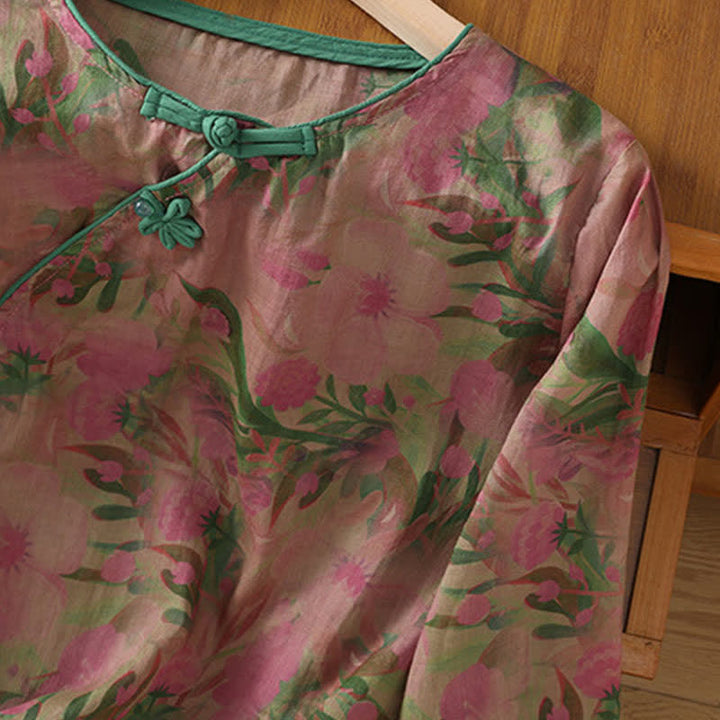 Buddha Stones Summer Tang Style Mandarin Collar Frog Button Floral Women's Three-Quarter Sleeve Shirts - image 4