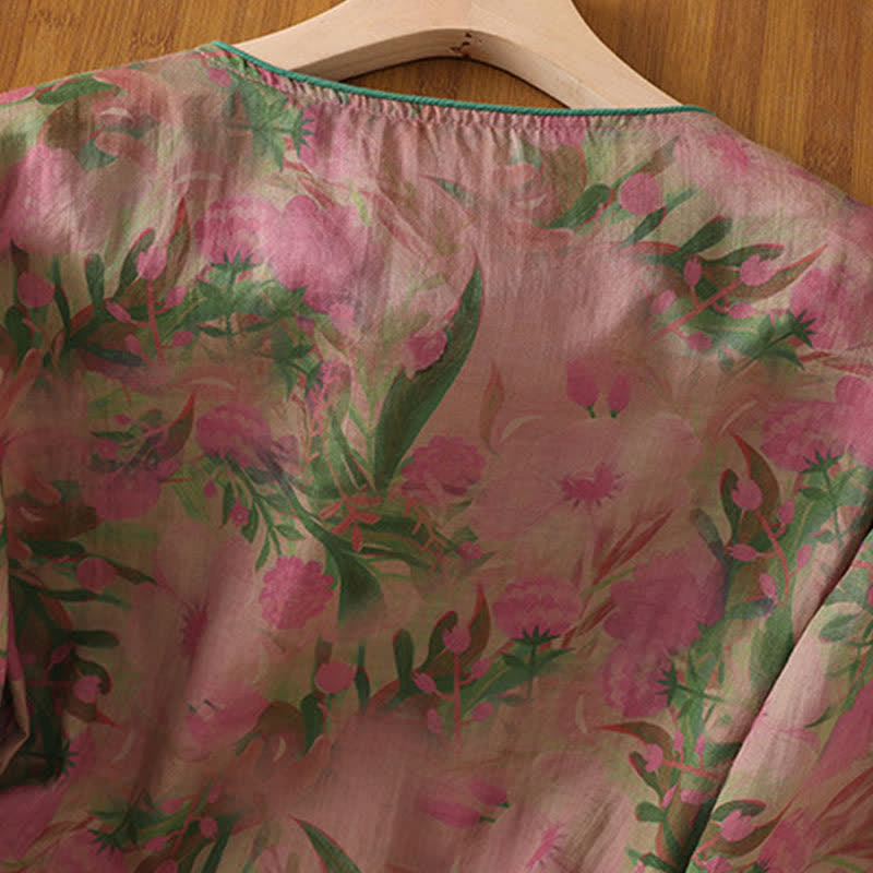 Buddha Stones Summer Tang Style Mandarin Collar Frog Button Floral Women's Three-Quarter Sleeve Shirts - image 3