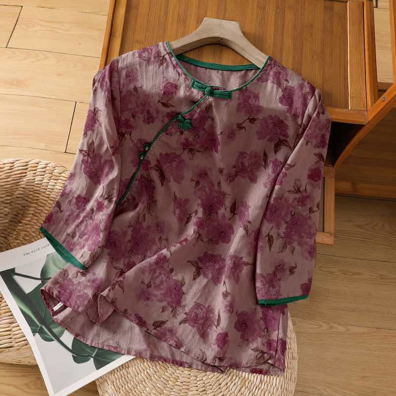 Buddha Stones Summer Tang Style Mandarin Collar Frog Button Floral Women's Three-Quarter Sleeve Shirts - MediumVioletRed - US8-10，UK/AU12-14，EU40-42 (2XL) - image 7