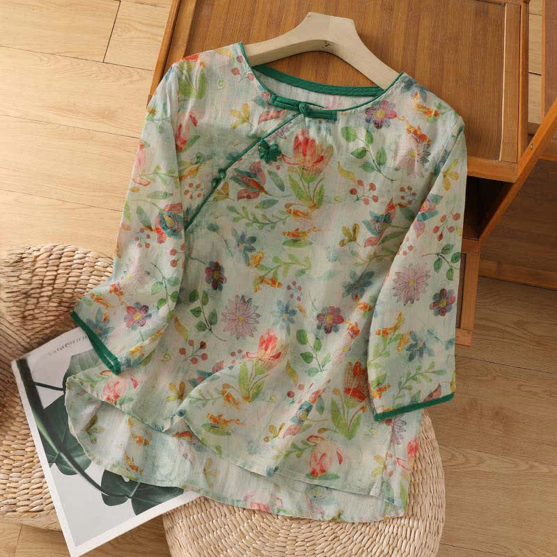 Buddha Stones Summer Tang Style Mandarin Collar Frog Button Floral Women's Three-Quarter Sleeve Shirts - Honeydew - US8-10，UK/AU12-14，EU40-42 (2XL) - image 15