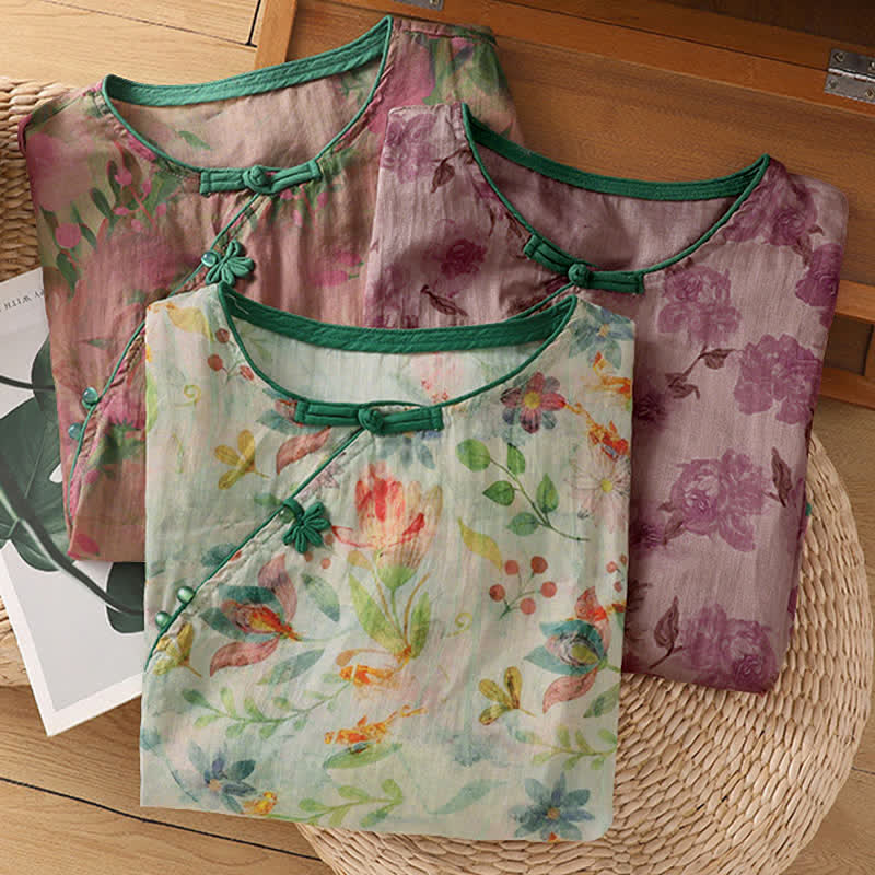 Buddha Stones Summer Tang Style Mandarin Collar Frog Button Floral Women's Three-Quarter Sleeve Shirts - image 24