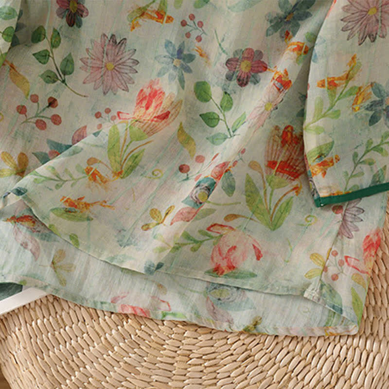 Buddha Stones Summer Tang Style Mandarin Collar Frog Button Floral Women's Three-Quarter Sleeve Shirts - image 22