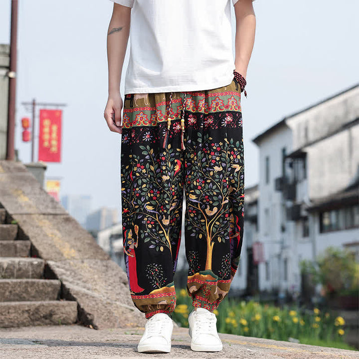 Buddha Stones Summer Boho Casual Drawstring Elephant Tree Print Cropped Pants Men's Harem Pants With Pockets - Black - US/UK/AU46, EU56 (5XL) - image 20