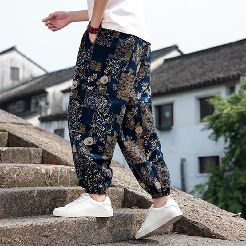 Buddha Stones Summer Boho Casual Drawstring Elephant Tree Print Cropped Pants Men's Harem Pants With Pockets - image 34
