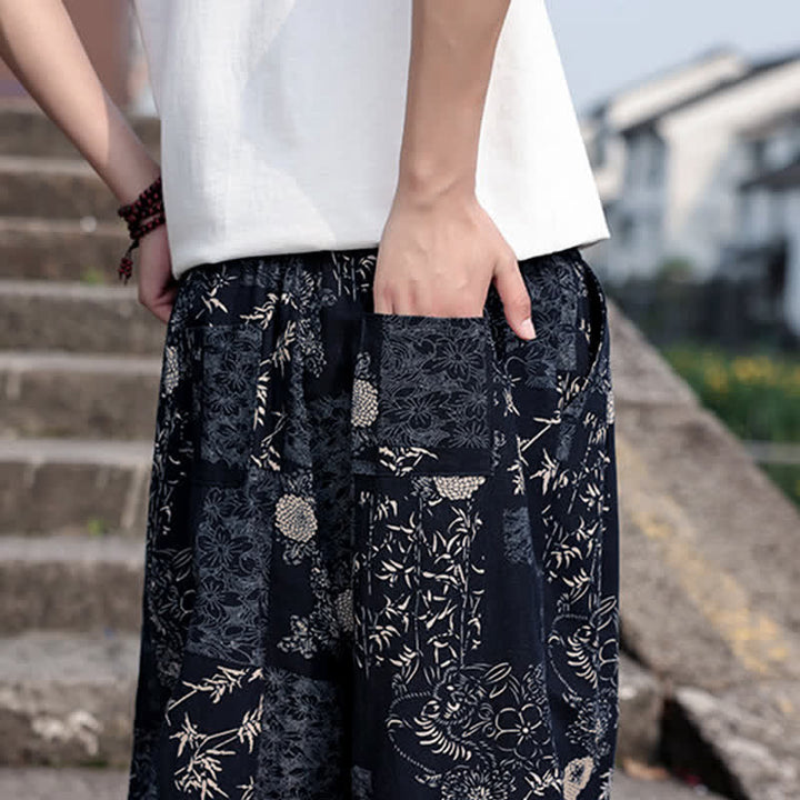 Buddha Stones Summer Boho Casual Drawstring Elephant Tree Print Cropped Pants Men's Harem Pants With Pockets - image 18