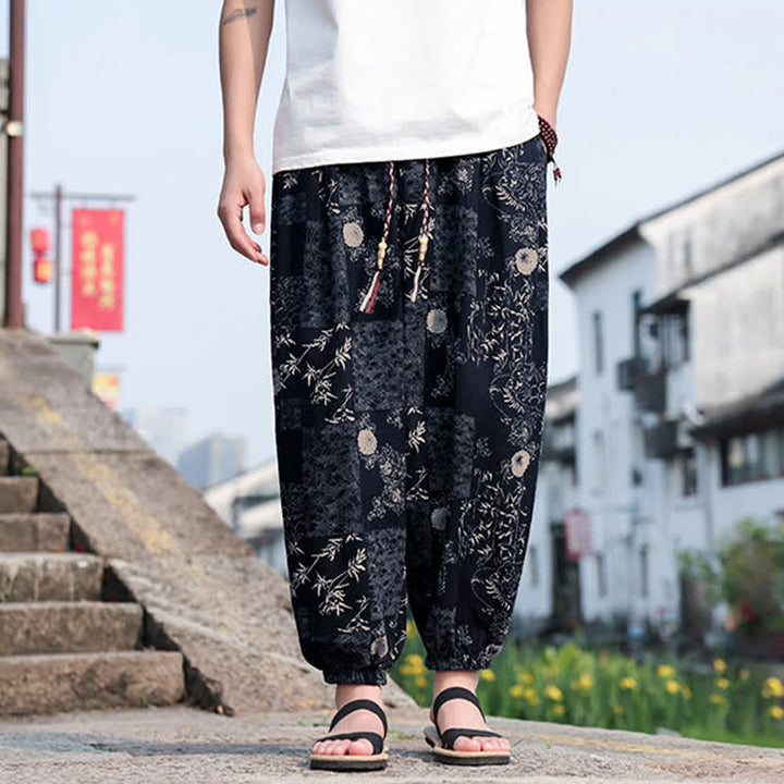 Buddha Stones Summer Boho Casual Drawstring Elephant Tree Print Cropped Pants Men's Harem Pants With Pockets - Navy - US/UK/AU46, EU56 (5XL) - image 7