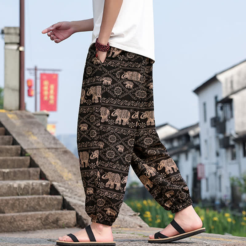 Buddha Stones Summer Boho Casual Drawstring Elephant Tree Print Cropped Pants Men's Harem Pants With Pockets - image 4