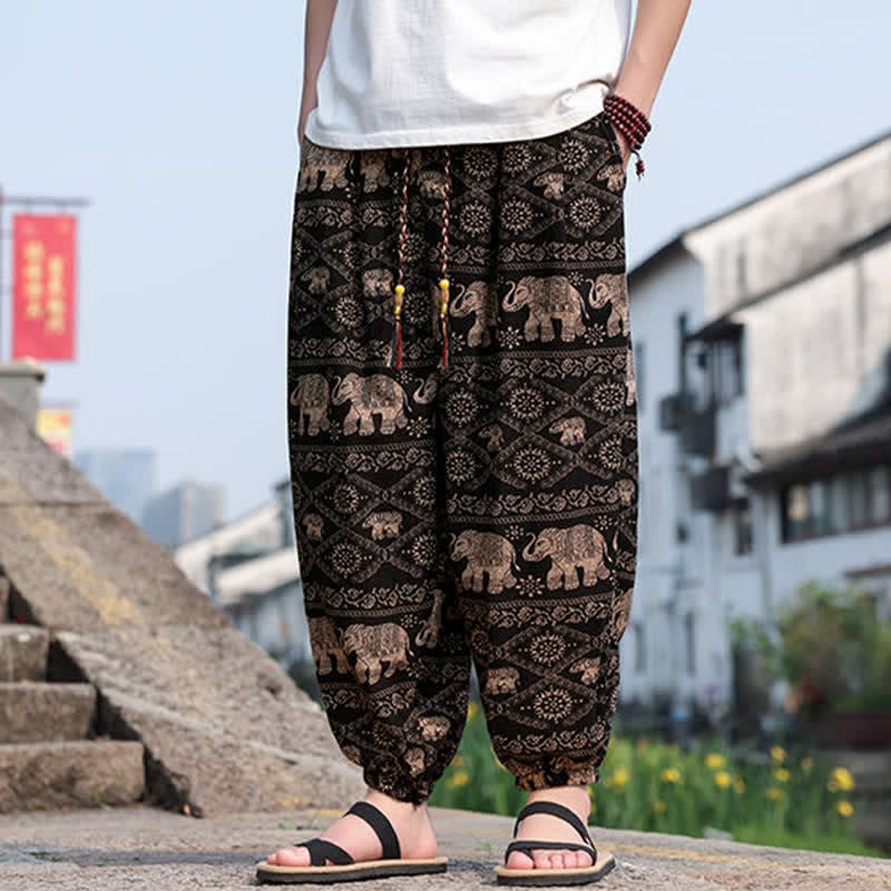 Buddha Stones Summer Boho Casual Drawstring Elephant Tree Print Cropped Pants Men's Harem Pants With Pockets - image 2