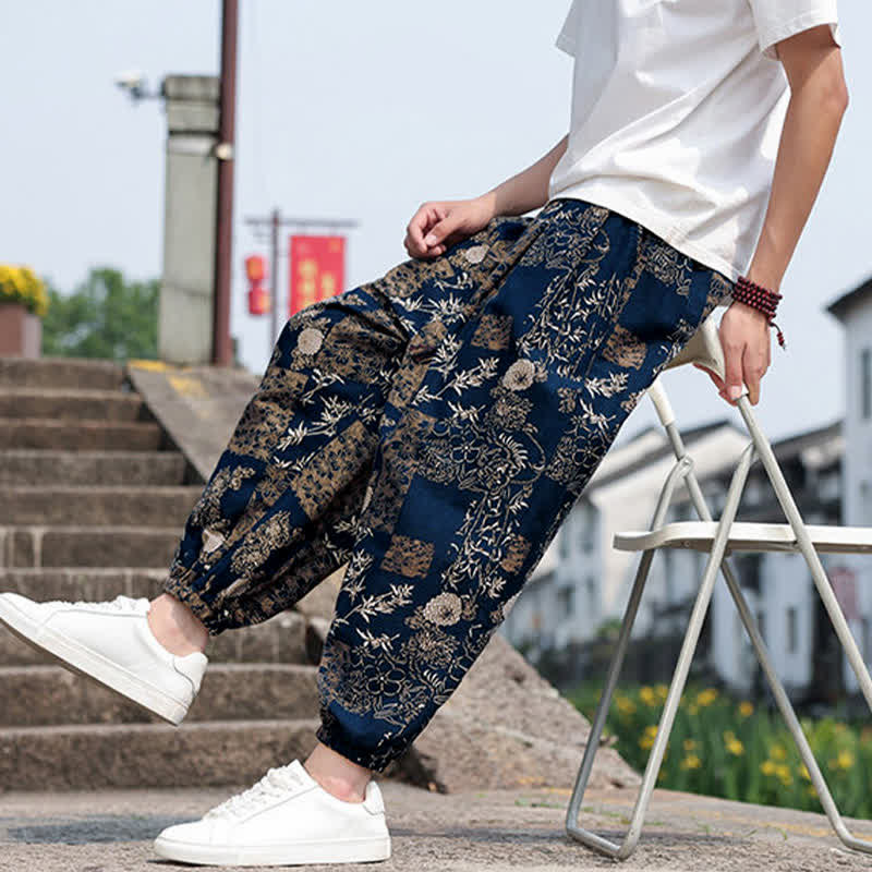Buddha Stones Summer Boho Casual Drawstring Elephant Tree Print Cropped Pants Men's Harem Pants With Pockets - image 37