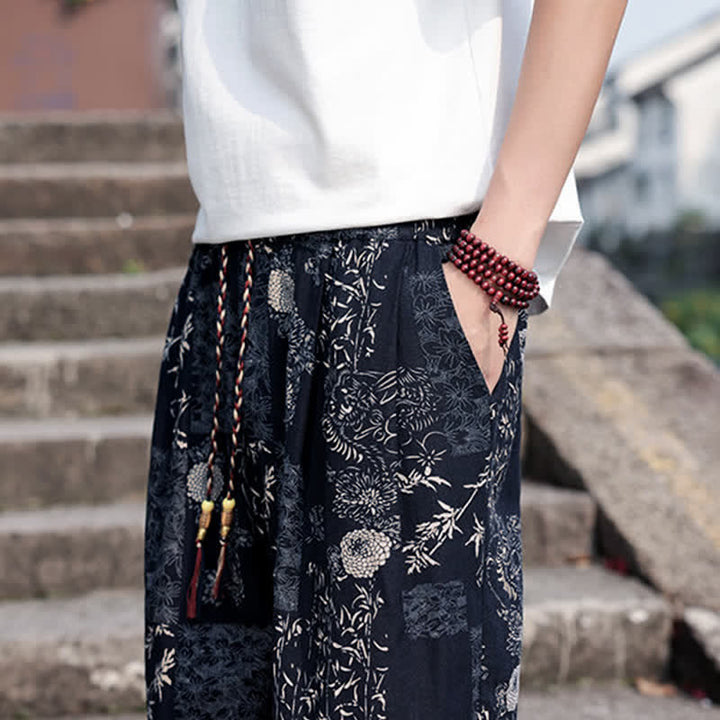 Buddha Stones Summer Boho Casual Drawstring Elephant Tree Print Cropped Pants Men's Harem Pants With Pockets - image 17