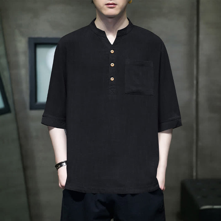 Buddha Stones Summer Casual Tang Style Mandarin Collar Solid Men's Short Sleeve Shirts With Patch Pocket - Black - US/UK/AU46, EU56 (5XL) - image 6