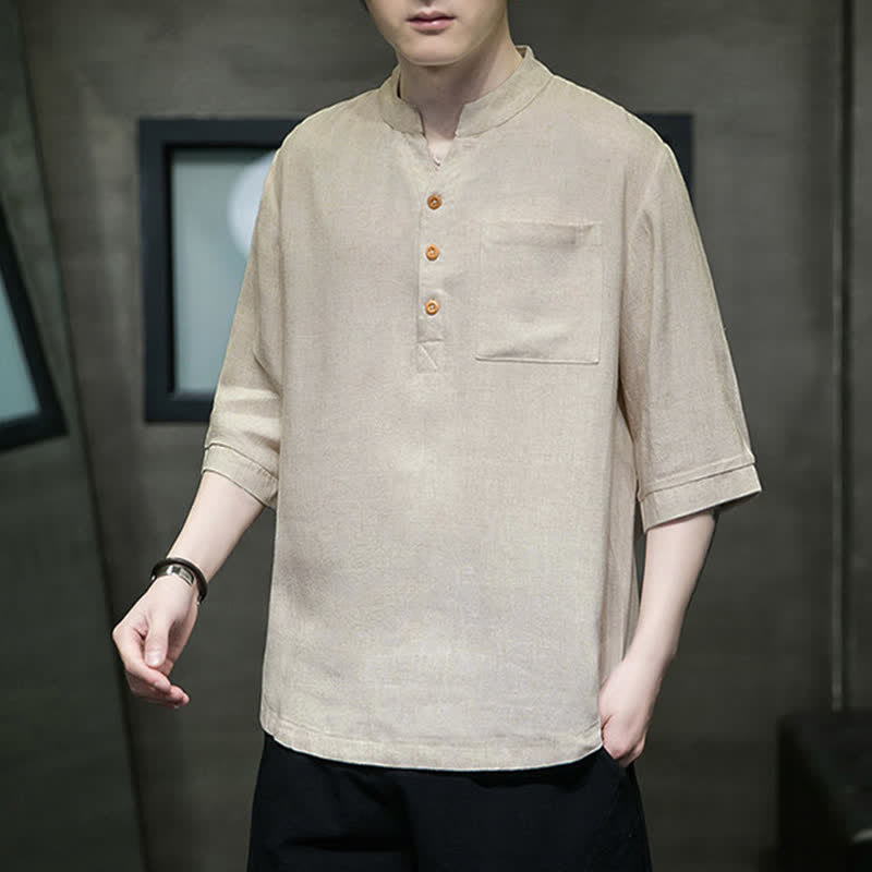 Buddha Stones Summer Casual Tang Style Mandarin Collar Solid Men's Short Sleeve Shirts With Patch Pocket - image 16