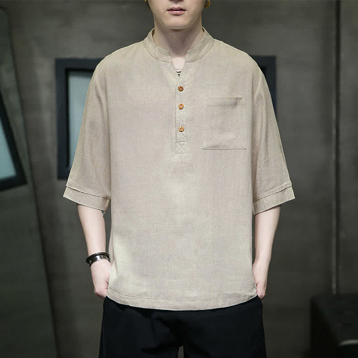 Buddha Stones Summer Casual Tang Style Mandarin Collar Solid Men's Short Sleeve Shirts With Patch Pocket - image 15
