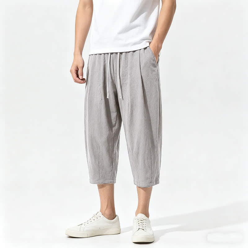 Buddha Stones Summer Casual Drawstring Solid Cotton Capri Pants Men's Harem Pants With Pockets - Silver - US/UK/AU46，EU56 (5XL) - image 0