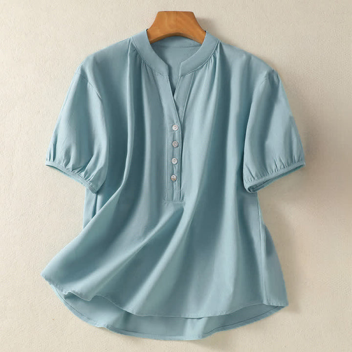 Buddha Stones Summer Casual Minimalist Button-Up Solid Women's Short Sleeve Shirts - LightBlue - US12, UK/AU16, EU44 (2XL) - image 7