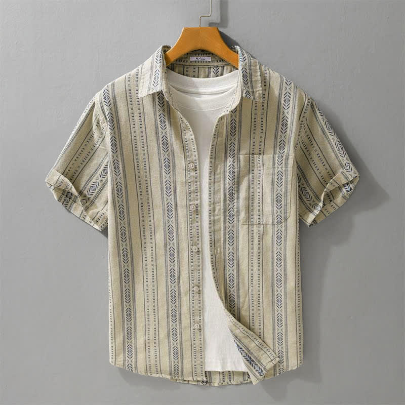 Buddha Stones Summer Casual Classic Button-Up Striped Men's Short Sleeve Shirts With Patch Pocket - Tan - US/UK/AU42, EU52 (3XL) - image 7