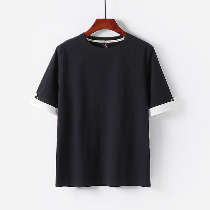 Buddha Stones Summer Casual Minimalist Button-Up Solid Crew Neck Cotton Men's Short Sleeve T-Shirts - Black - US/UK/AU48, EU58 (6XL) - image 1