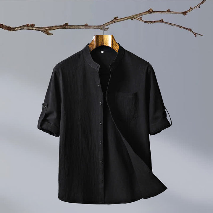 Buddha Stones Summer Tang Style Casual Mandarin Collar Solid Cotton Men's Short Sleeve Shirts With Patch Pocket - Black - US/UK/AU46, EU56 (5XL) - image 11