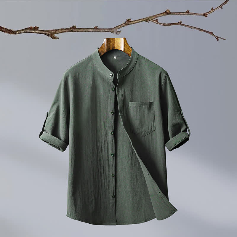 Buddha Stones Summer Tang Style Casual Mandarin Collar Solid Cotton Men's Short Sleeve Shirts With Patch Pocket - DarkOliveGreen - US/UK/AU46, EU56 (5XL) - image 0