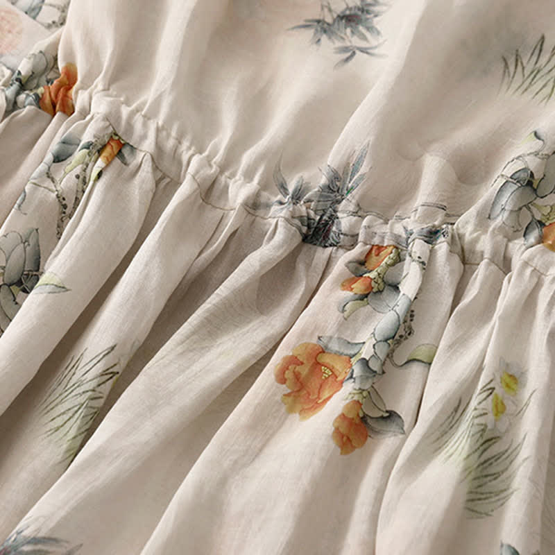 Buddha Stones Summer Vintage Drawstring Beige Floral Crew Neck Women's Short Sleeve Dress With Pocket - image 7