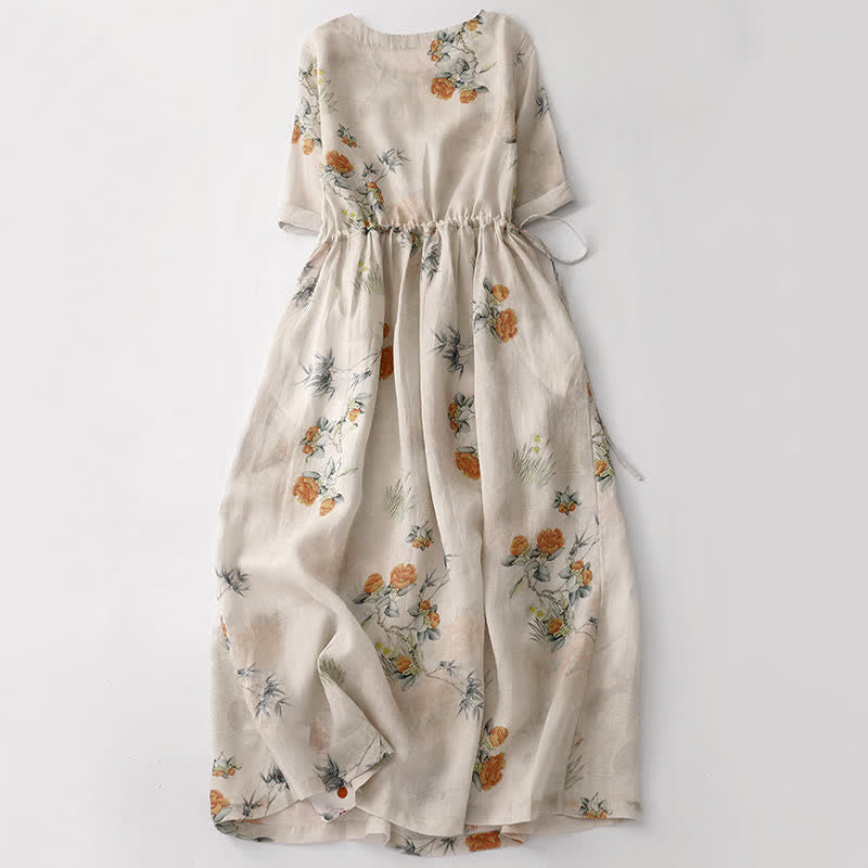 Buddha Stones Summer Vintage Drawstring Beige Floral Crew Neck Women's Short Sleeve Dress With Pocket - image 1