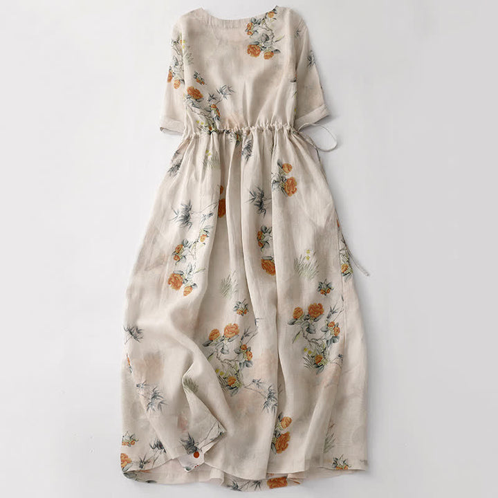 Buddha Stones Summer Vintage Drawstring Beige Floral Crew Neck Women's Short Sleeve Dress With Pocket - image 1