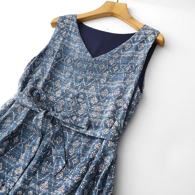 Buddha Stones Summer Boho Drawstring Blue Geometric Women's Summer Sleeveless Dress With Pockets - image 2